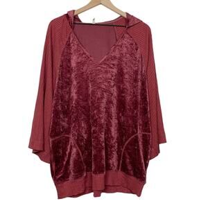 Free People Go Softly Velvet Hoodie Sweater Medium Mauve Maroon Oversized Boho